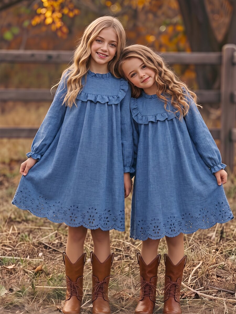 SHEIN Elladie kids 1件女童清新田園風純色布料下擺燒花鏤空工藝,荷葉領,胸前荷葉裝飾,泡泡袖長袖,寬鬆A字中長洋裝,常規厚度,精緻鏤空洋裝,適合日常穿著、度假穿搭,春秋季 - 藍色 - 查看 1