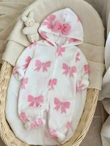 SHEIN Baby Girl Bow Print Long Sleeve Cute Hooded Romper - Pink - View 3