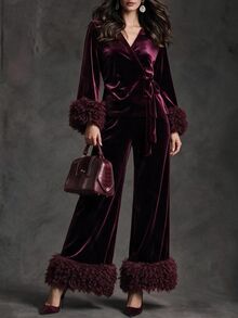 SHEIN Women's Plush Patchwork Long Sleeve Top And Pants Casual Daily 2 Pieces Set - Burgundy - View 1