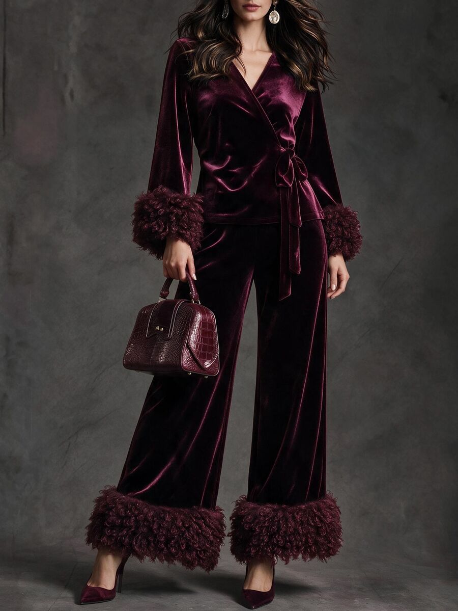 SHEIN Women's Plush Patchwork Long Sleeve Top And Pants Casual Daily 2 Pieces Set - Burgundy - View 1