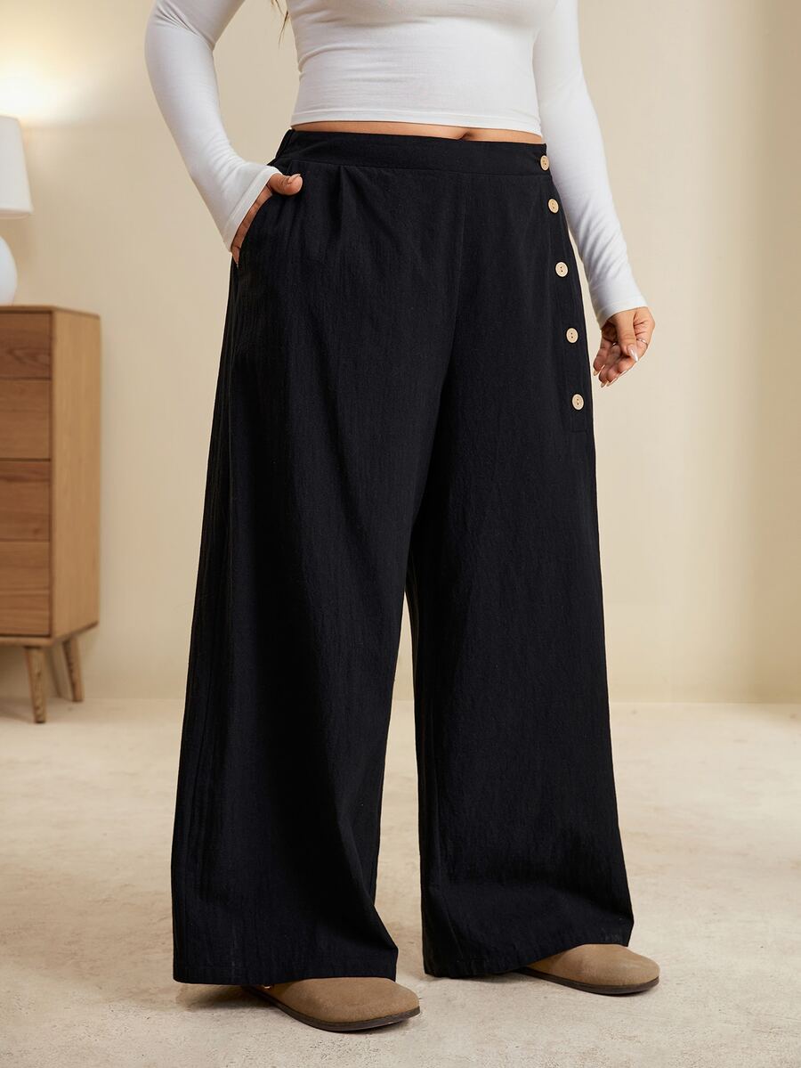 Edennvi Plus Size Women's Solid Color Button Design Pocket Wide Leg Pants - Black - View 1