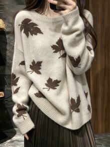 Bytebia Bytebia Maple Leaf Pattern Drop Shoulder Sweater - Apricot - View 1