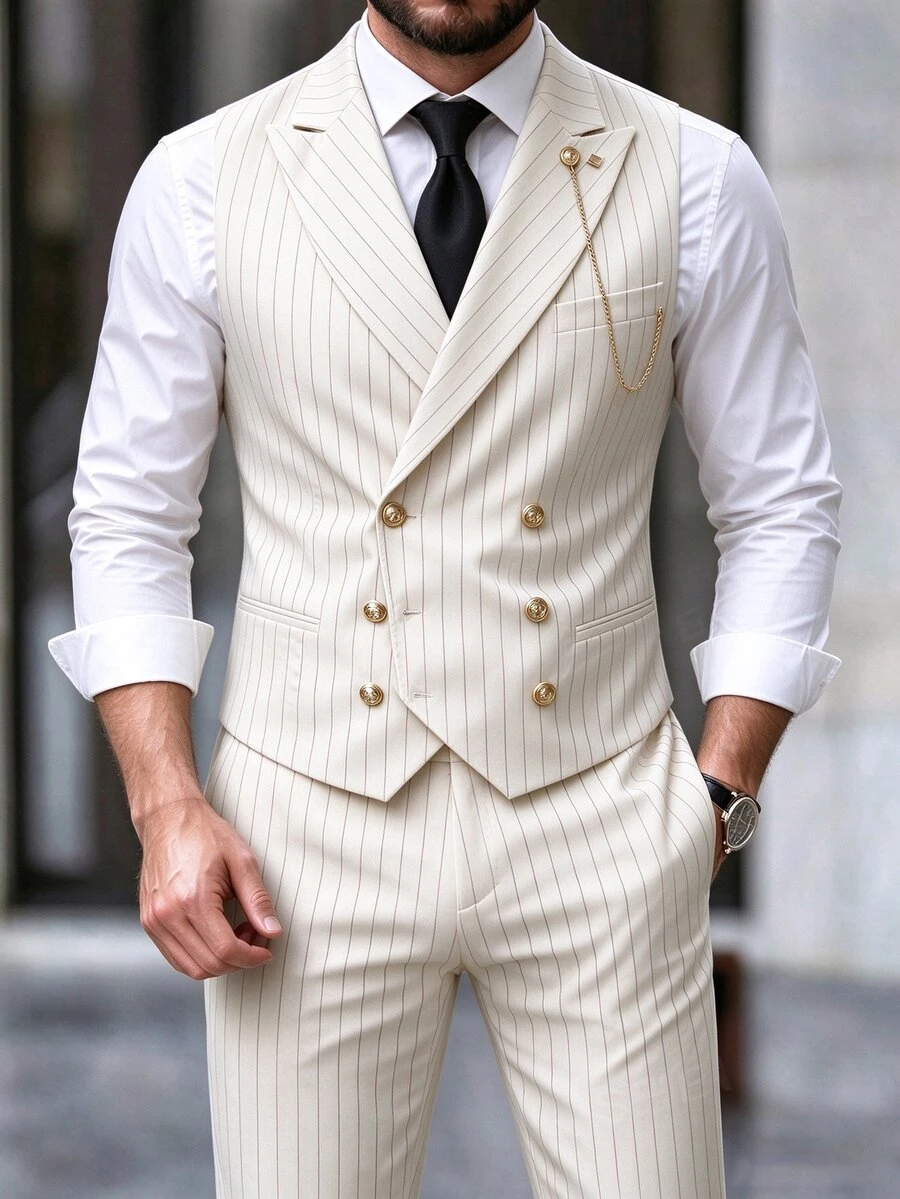 Manfinity Mode Men's Spring/Summer Wedding 2 Pieces Suit, Striped Blazer Vest & Pants Business Formal Set, Ceremony - Apricot - View 1