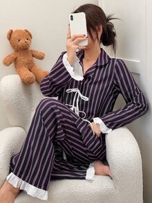 Napfluff 條紋印花前襟打結睡衣套裝 - 紫色 - 查看 4