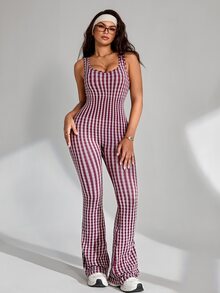 Slayform Slayform Seamless High Elasticity Sports Fitness Jumpsuit Fashion Mesh Flare Leggings - Burgundy - View 4