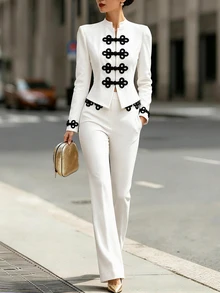 Balvessa Contrast Frog Button Slim Fit Jacket & Pants Set - White - View 3