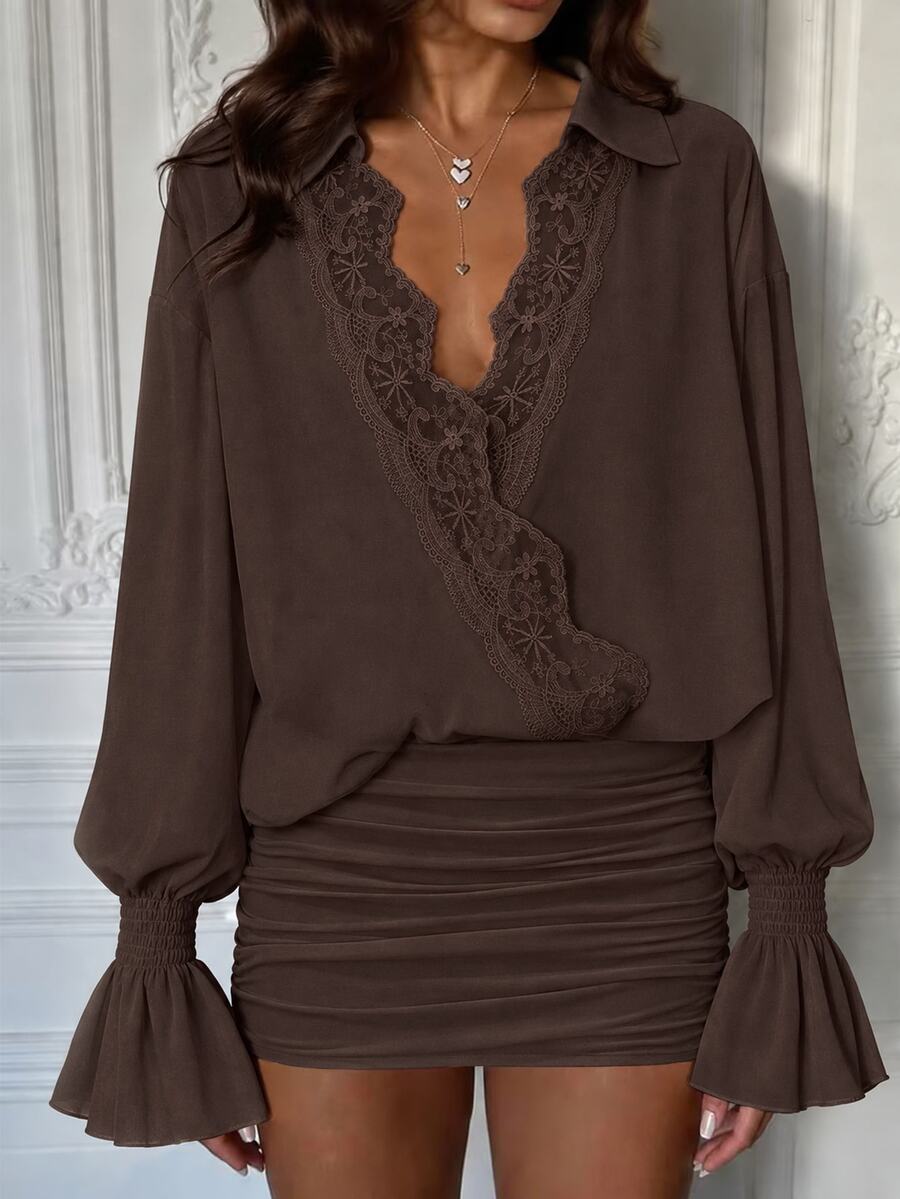 Cévolie Fashionable Elegant Lace Patchwork Cross Neckline Drop Shoulder Petal Sleeve Long Sleeve Ruffle Semi-Sheer Bodycon Mini Dress For Women - Brown - View 1