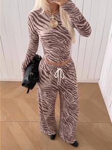 SHEIN EZwear 秋季新款復古棕色斑馬紋抓皺長袖T恤與長褲兩件套，復古學院風，適合秋冬、畢業季、開學季、派對聚會 - 彩色 - 查看 3