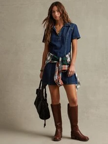 WESTFADE Short Sleeve A Line Denim Mini Dress, Fall, Autumn Clothes, Winter Outfit, Cowgirl, Western, Country Concert, Boho, Cute, Festival, Thanksgiving - Dark Wash - View 5