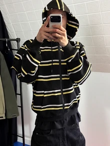 Manfinity Dauomo Winter Outdoor Hoodie, Men's Open Front Double Layer Hooded Sweatshirt, Contrast Color Striped Pattern Design, Comfortable Fabric, Casual Style, Outdoor, Office Wear, Daily Wear, Streetwear - Multicolor - View 1