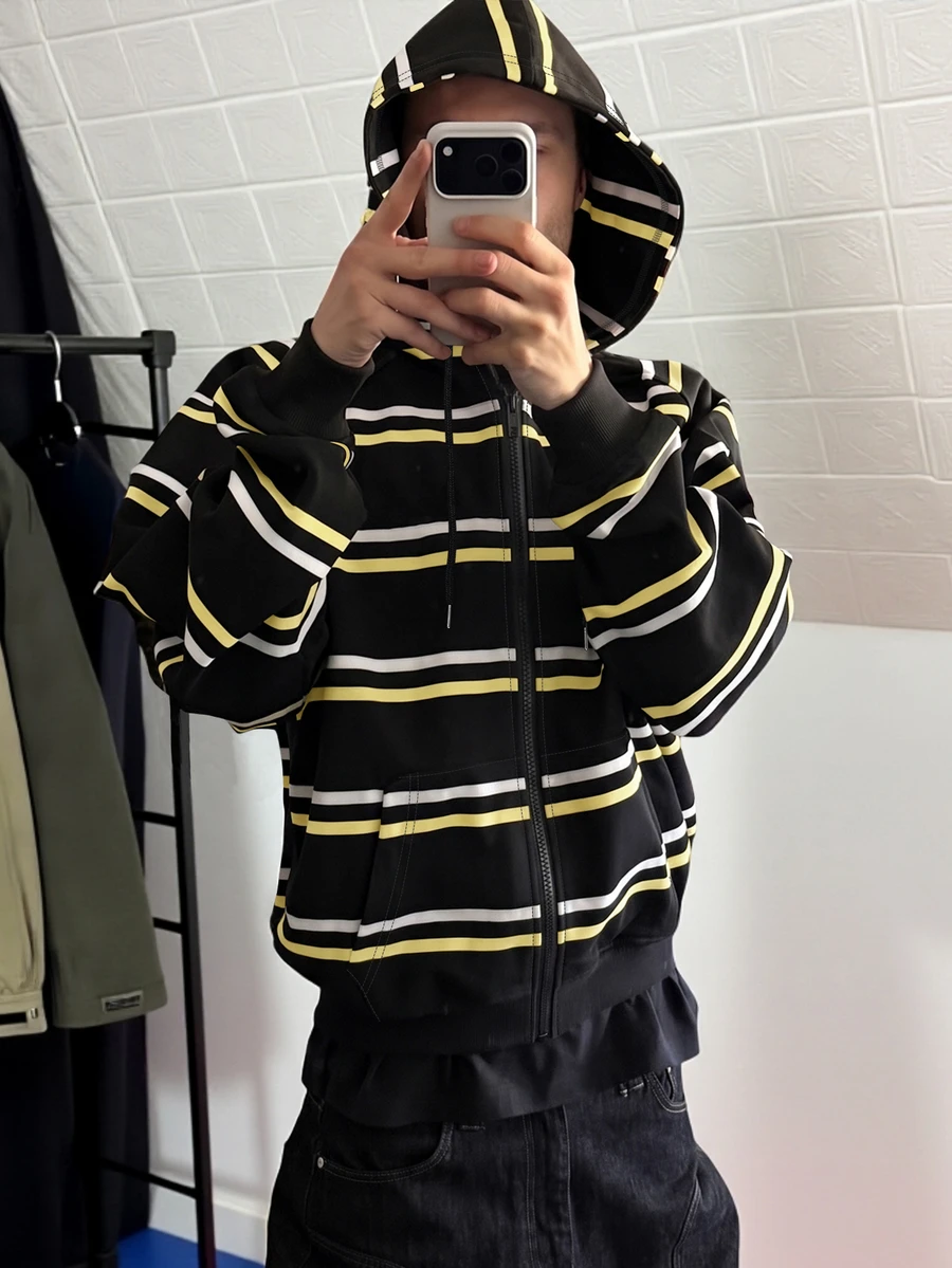 Manfinity Dauomo Winter Outdoor Hoodie, Men's Open Front Double Layer Hooded Sweatshirt, Contrast Color Striped Pattern Design, Comfortable Fabric, Casual Style, Outdoor, Office Wear, Daily Wear, Streetwear - Multicolor - View 1