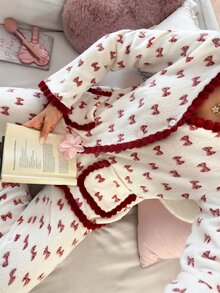SweetSlumber Women's Sweet INS Bow Flannel Pajama Set - Red and White - View 6