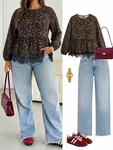 Shapeblank Casual Leopard Print Fabric Contrast Lace Trim Plus Size Round Neck Long Sleeve Blouse, Suitable For Autumn/Winter, Coffee Color Top - Brown - View 1