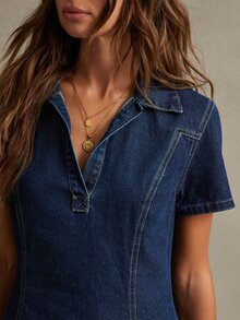 WESTFADE Short Sleeve A Line Denim Mini Dress, Fall, Autumn Clothes, Winter Outfit, Cowgirl, Western, Country Concert, Boho, Cute, Festival, Thanksgiving - Dark Wash - View 2