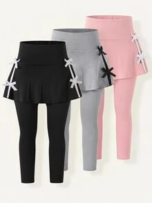 SHEIN 女童 3 件組 寬腰帶對比條紋蝴蝶結側邊 2 合 1 裙褲 - 黑色 - 查看 8