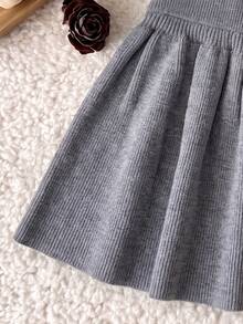 SHEIN Girls' Autumn/Winter Knitted Skirt, Solid Gray, Elastic Waist, Flared Pleated Umbrella Style. Soft Woolen Fabric, Comfortable Wear Without Tight Waist, Suitable For Daily Matching With Sweaters And Tops, Simple And Versatile - Black - View 6
