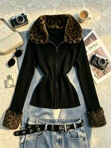 IslaSuriya Women's Leopard Print Zipper Casual Versatile Daily Wear Long Sleeve Sweater - Black - View 1