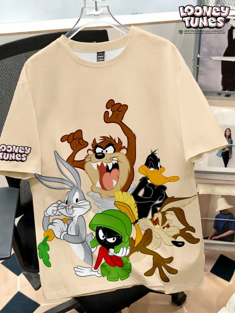 LOONEY TUNES X SHEIN Daypath 男士夏季卡通字母圖案短袖T恤 - 卡其色 - 查看 1