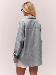 MUSERA 寬鬆條紋鈕扣長版奶油黃襯衫上衣單件 Ol - 灰色 - 查看 3