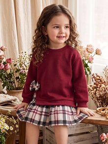 SHEIN 女嬰對比格紋印花蝴蝶結裝飾 2合1衛衣洋裝 - 彩色 - 查看 2