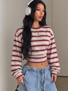 Coolane 女款酒紅色條紋收腰圓領休閒極簡運動風街頭穿搭百搭聚會機場造型Y2K上衣，學院風，女款外出穿搭，女款春/秋季穿搭 - 白色 - 查看 6