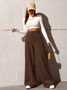 SHEIN Tall CURVE 大尺碼女款休閒寬鬆直筒長褲 秋季 - 咖啡棕 - 查看 5