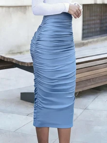 SHEIN 女款深棕色純色百褶中長裙，修身性感剪裁，適合春夏穿著與日常通勤 - 霧霾藍 - 查看 1