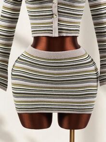Mistrie Striped Knit Cardigan Skirt Set, Y2K Two Pieces Outfit, Cropped Cardigan & Mini Skirt, - Multicolor - View 6