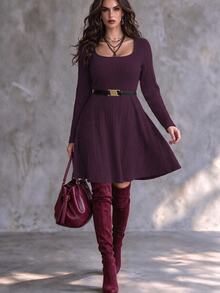 Ceyna Plus Ribbed Knit Scoop Neck Dress Without Belt Fall Cloth For Women Cocktail Party Elegant - Purple - View 1