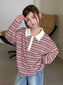 Dazy Kids Tween Girl Polo Collar Striped Drop Shoulder Long Sleeve Casual Loose Fit T-Shirt - Pink - View 1