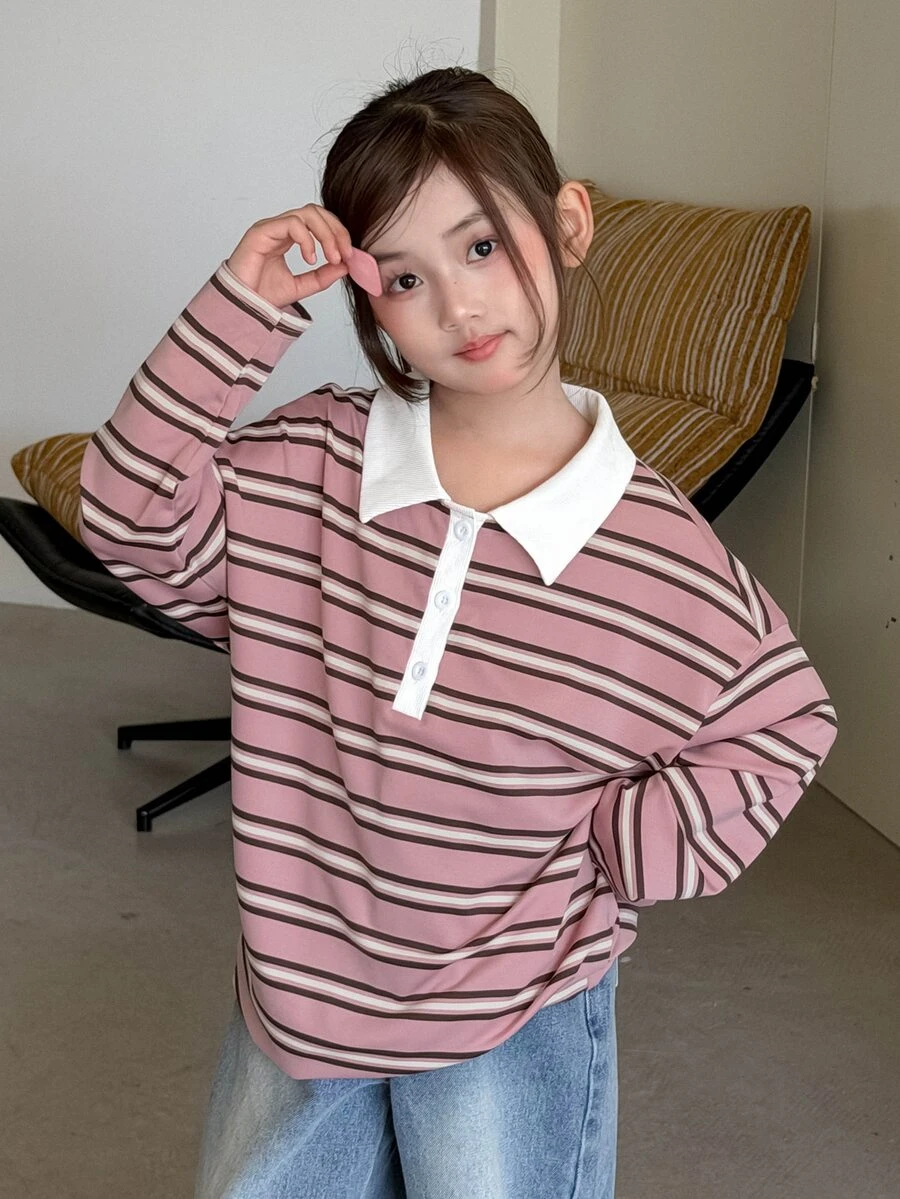 Dazy Kids Tween Girl Polo Collar Striped Drop Shoulder Long Sleeve Casual Loose Fit T-Shirt - Pink - View 1