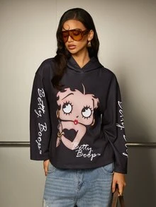 Betty Boop x SHEIN Women's Letter Cartoon Print Casual Daily Sweatshirt Sweatshirt - Black - View 6