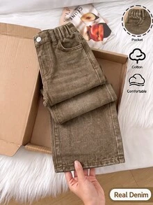 SHEIN 女款新款休閒時尚極簡百搭四季美式復古水洗深棕色牛仔高腰寬鬆直筒闊腿長褲 - 摩卡棕 - 查看 3