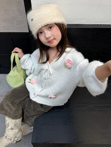 Dazy Kids (فتيات مراهقات) كنزة كارديجان بياقة على شكل حرف V فضفاضة بأكمام طويلة سميكة للخريف/الشتاء - أبيض - مشاهدة 6