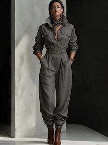 LUMIGAL Women's Grey Linen Cargo Pocket Casual Jumpsuit, Cinched Waist, Elegant Commute Style, Spring/Autumn - Grey - View 6