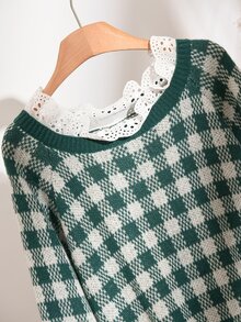 CosyJoli Plus Size Women's Patchwork Hollow Embroidery Stand Collar Houndstooth Raglan Long Sleeve Casual Pullover Sweater - Multicolor - View 4