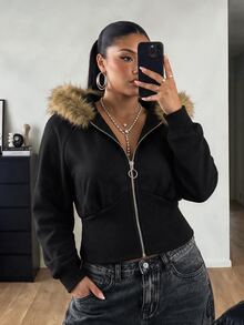 POPSWAY Plus Fuzzy Trim Zip Up Hooded Sweatshirt - Black - View 1