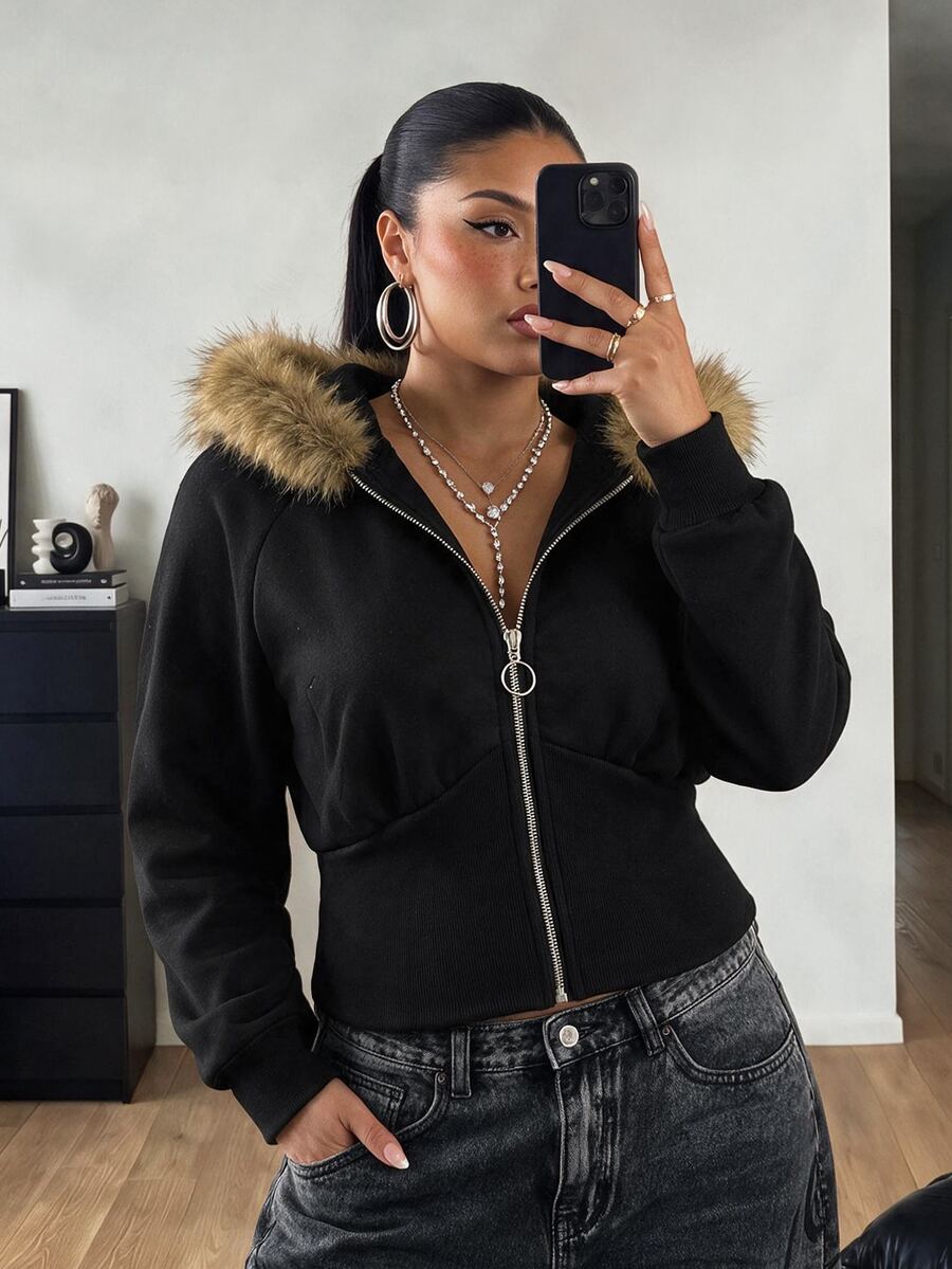 POPSWAY Plus Fuzzy Trim Zip Up Hooded Sweatshirt - Black - View 1