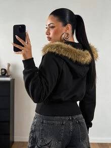 POPSWAY Plus Fuzzy Trim Zip Up Hooded Sweatshirt - Black - View 2