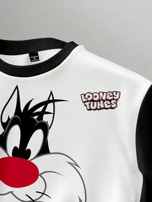 LOONEY TUNES X SHEIN Daypath 男士卡通印花休閒日常長袖運動衫 - 白色 - 查看 3