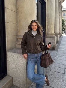 SHEIN LUNE Women's Casual Commute Jacket Long Sleeve Suede Fleece Autumn/Winter Daily Basic Fashion Outwear Outfit - Brown - View 5