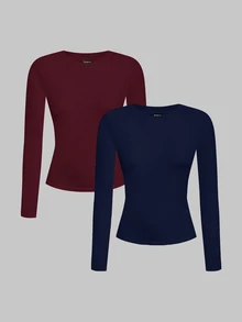 SHEIN EZwear 2件組女款素色圓領長袖休閒百搭T恤 - 彩色 - 查看 1