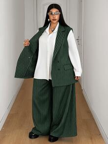 Mawevolt Plus Size Women's Button Striped Vest Jacket And Loose Long Pants Suit Set - Dark Green - View 5
