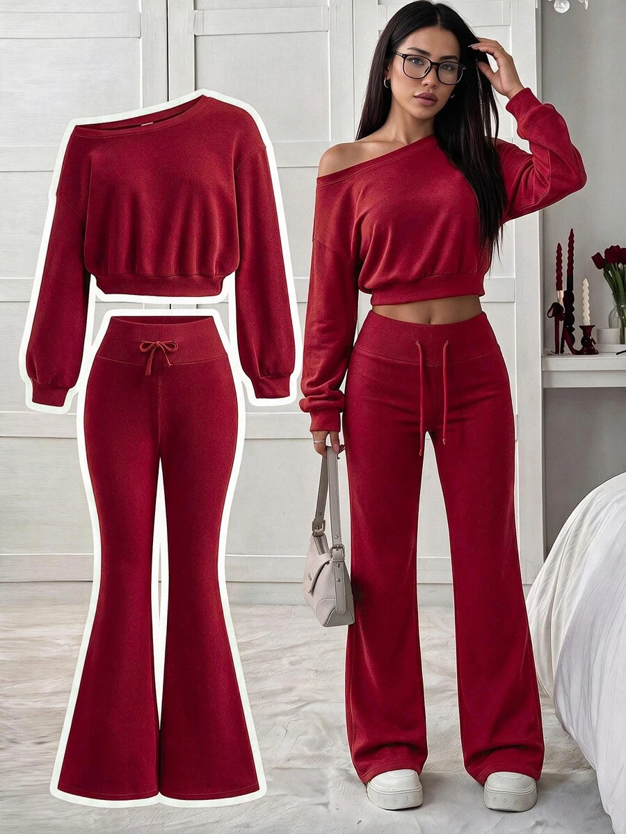 SHEIN 少女連帽衫與運動衫套裝 - 紅色 - 查看 1