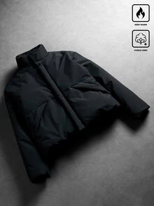 Manfinity Roghcode 男士立領短款填充外套，純黑色極簡寬鬆落肩冬季夾克，適合外出與日常穿著，送給朋友和男友的禮物，哥德風、健身、老錢風、羽絨服 - 灰色 - 查看 3