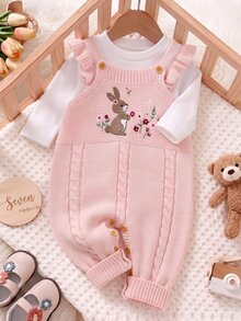 SHEIN Romper Bayi Perempuan, Romper Berkaki, Motif Kelinci dan Bunga Bordir, Celana Panjang Musim Gugur/Dingin, Romper Merah Muda Cocok untuk Romper Bayi dengan Tali Bahu, Pilihan Pakaian Sehari-hari yang Lucu - Berwarna merah muda - View 5