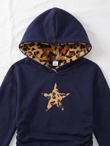 Tween Girl Leopard Star Print Drop Shoulder Ruched Waist Thermal Hooded Crop Sweatshirt - Navy Blue - View 6