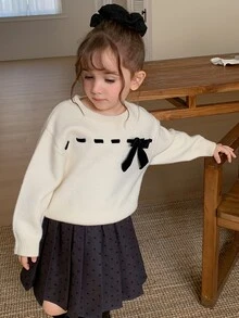 Hapijoa Young Girl Fall Clothes Young Girl) Round Neck Bow Decor Sweater - Apricot - View 3