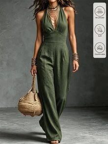 Trelyra 女款牛仔效果露背掛脖連身褲 - 軍綠色 - 查看 1