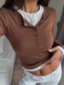 DAZY 女款拼接撞色修身長袖休閒日常韓風百搭春秋上衣T恤 - 摩卡棕 - 查看 5